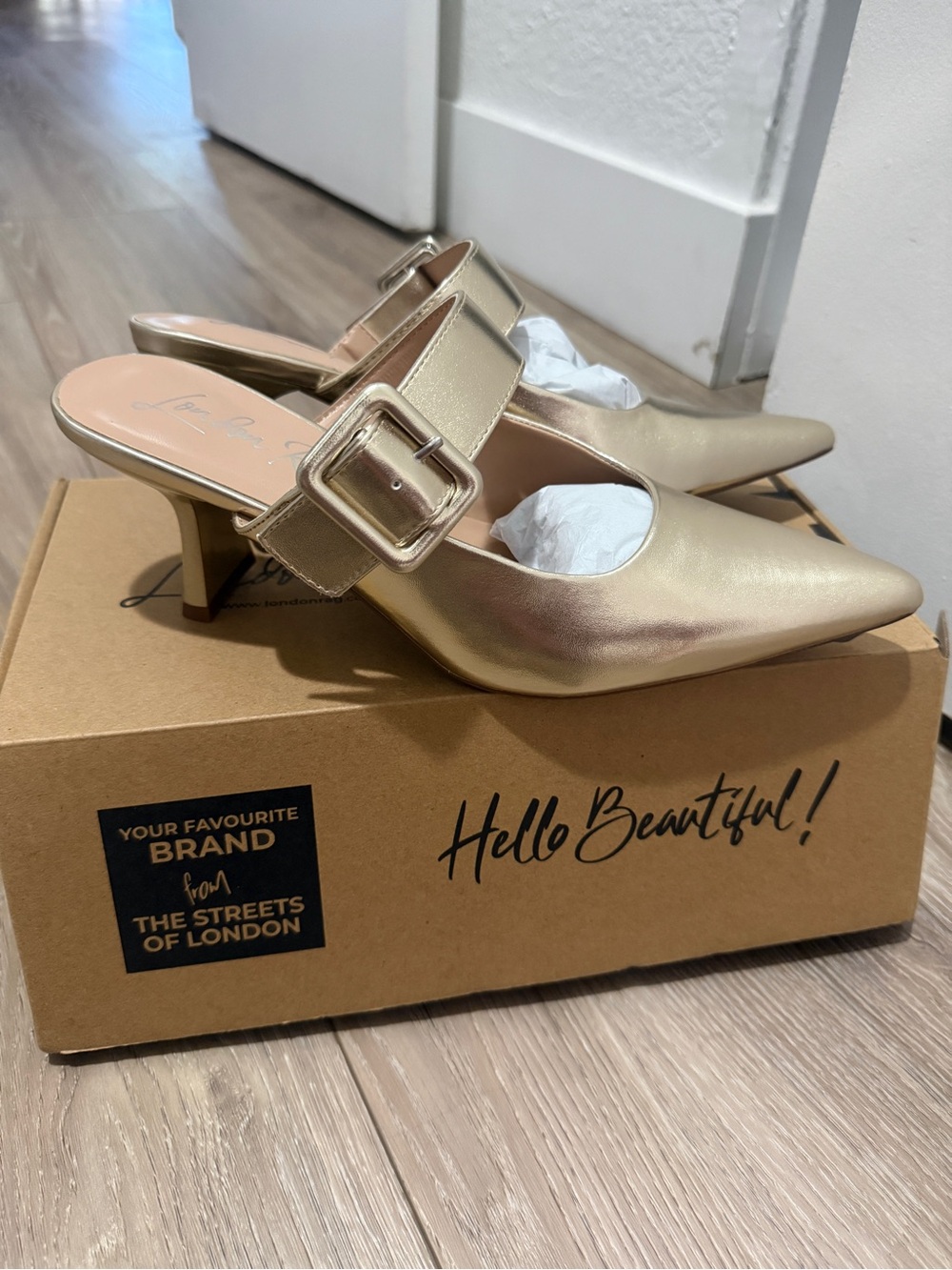 Metallic Gold Pointed Buckle Mule Heels - Women